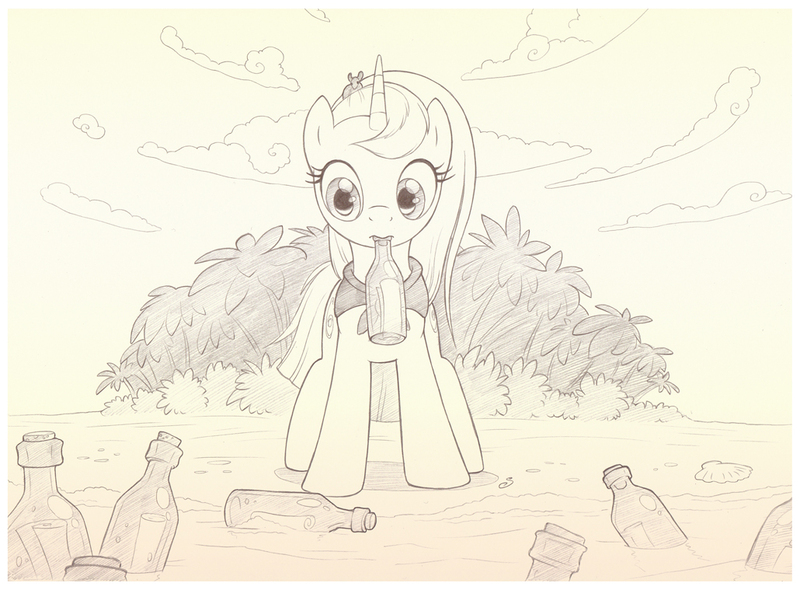 Size: 1030x759 | Tagged: safe, artist:sherwoodwhisper, derpibooru import, oc, oc:eri, unofficial characters only, mouse, pony, unicorn, bottle, cute, female, island, mare, message, message in a bottle (song), monochrome, mouth hold, palm tree, song reference, the police, tree