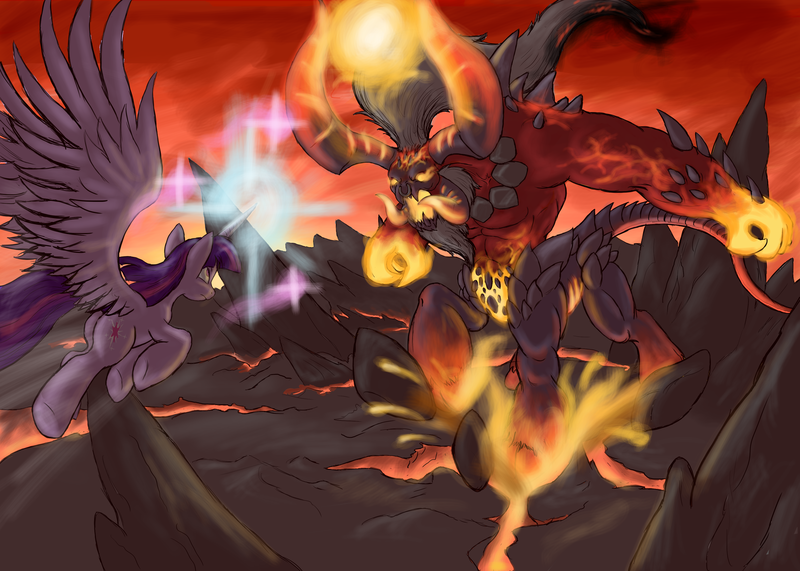 Size: 3500x2500 | Tagged: safe, artist:cyrilunicorn, derpibooru import, lord tirek, twilight sparkle, twilight sparkle (alicorn), alicorn, pony, twilight's kingdom, badass, crossover, epic, female, fight, glowing horn, good vs evil, heroes of might and magic, horn, lava, magic, male, mare, super saiyan princess, twilight vs tirek, video game