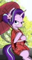 Size: 1100x2073 | Tagged: safe, artist:pandramodo, derpibooru import, starlight glimmer, pony, semi-anthro, unicorn, clothes, cute, female, flower, flower in hair, glimmerbetes, hair bun, kimono (clothing), looking at you, mare, smiling, solo, umbrella