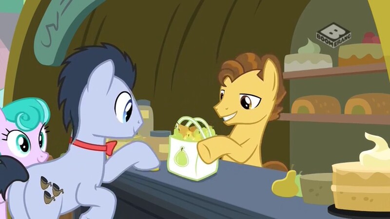 Size: 1024x576 | Tagged: safe, derpibooru import, screencap, grand pear, mr. waddle, earth pony, pony, the perfect pear, background pony, bag, bits, boomerang (tv channel), bowtie, cake, food, male, market, pear, pipe, selling, sherlock holmes, stall, stallion, young grand pear, younger
