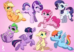 Size: 1431x1000 | Tagged: safe, artist:silentwulv, derpibooru import, applejack, fluttershy, pinkie pie, rainbow dash, rarity, spike, starlight glimmer, twilight sparkle, twilight sparkle (alicorn), alicorn, dragon, earth pony, pegasus, pony, unicorn, applejack's hat, baby, baby dragon, backwards cutie mark, bucking, cowboy hat, cute, cutie mark, dashabetes, diapinkes, female, floppy ears, flying, folded wings, glimmerbetes, grin, hair flip, hat, hnnng, horn, jackabetes, male, mane seven, mane six, mare, on back, open mouth, raised hoof, raised leg, raribetes, scrunchie, shyabetes, simple background, sitting, smiling, smirk, spikabetes, spread wings, stetson, tail, twiabetes, underhoof, watermark, wings