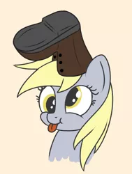 Size: 606x801 | Tagged: safe, artist:andelai, derpibooru import, derpy hooves, pegasus, pony, boot, boot to the head, cute, derpabetes, head, oro (dingo pictures), shoe on head, silly, silly pony, simple background, smiling, solo, tongue out