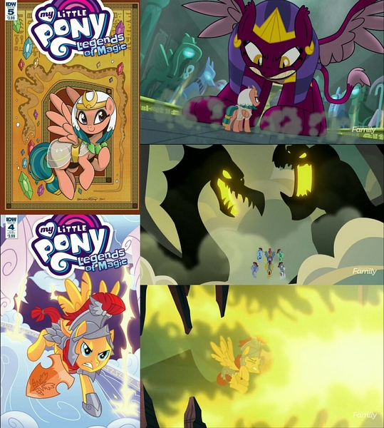 Size: 1513x1683 | Tagged: safe, derpibooru import, idw, screencap, flash magnus, somnambula, sphinx (character), dragon, pegasus, pony, sphinx, campfire tales, daring done?, legends of magic, season 7, spoiler:comic, spoiler:s07, collage, female, fire, glowing eyes, glowing mouth, male, mare, netitus, shield, stallion