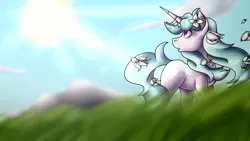 Size: 1920x1080 | Tagged: safe, artist:sketchthebluepegasus, derpibooru import, oc, oc:sweet lily, unofficial characters only, pony, unicorn, female, flower, grass, lens flare, lily (flower), mare, solo, sun, windswept mane