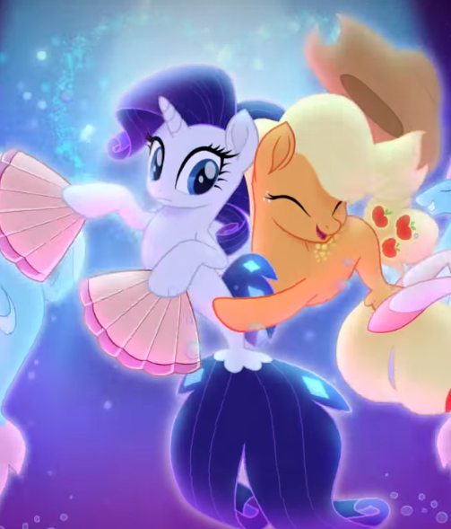 Size: 503x589 | Tagged: applejack, cropped, dancing, derpibooru import, fan, hug, my little pony: the movie, rarity, safe, screencap, seaponified, seapony applejack, seapony (g4), seapony rarity, species swap