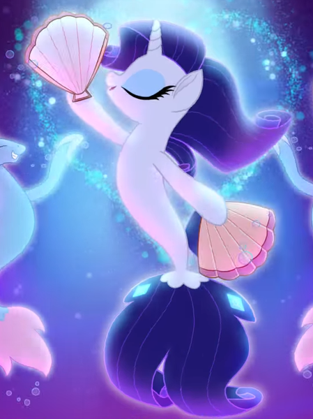 Size: 551x737 | Tagged: cropped, dancing, derpibooru import, fan, my little pony: the movie, one small thing, rarity, safe, screencap, seaponified, seapony (g4), seapony rarity, seashell, species swap, youtube link