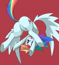 Size: 801x884 | Tagged: artist:8->, butt, derpibooru import, featureless crotch, looking between legs, pixiv, plot, rainbow dash, safe, upside down