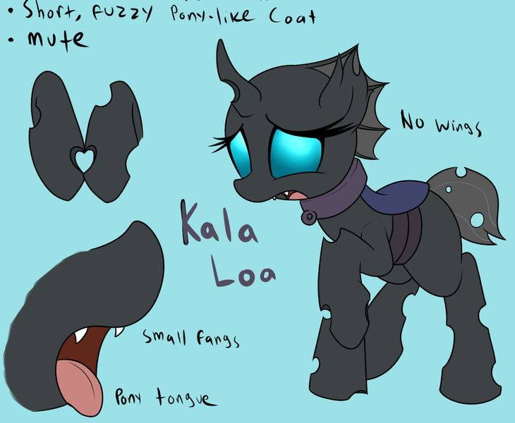 Size: 1198x984 | Tagged: safe, artist:datte-before-dawn, derpibooru import, oc, oc:kala'loa, unofficial characters only, changeling, changeling oc, collar, cuteling, eyelashes, fangs, female, heart, open mouth, reference sheet, short tail, solo, tongue out