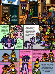 Size: 569x771 | Tagged: applejack, artist:hirake! pony key, bert, cobblestone street, comic, crossover, derpibooru import, ernie, my little pony meets sesame street, pinkie pie, safe, sesame street, shrug, twilight sparkle