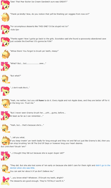 Size: 853x1447 | Tagged: apple bloom, applejack, artist:dziadek1990, conversation, derpibooru import, dessert, dialogue, emotes, emote story, food, ice cream, pear butter (food), reddit, safe, slice of life, text