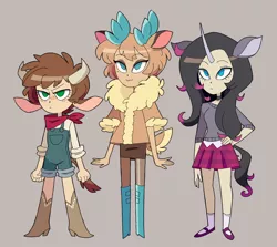 Size: 1602x1432 | Tagged: safe, artist:marreeps, derpibooru import, arizona cow, oleander (tfh), velvet reindeer, classical unicorn, cow, deer, human, reindeer, unicorn, them's fightin' herds, :3, cloven hooves, community related, eared humanization, horn, horned humanization, humanized, leonine tail, tailed humanization, unshorn fetlocks