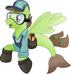 Size: 1051x1086 | Tagged: artist:pacificgreen, cap, derpibooru import, douglas spruce, evergreen, goggles, hat, hoof shoes, part of a set, safe, seaponified, seapony (g4), simple background, solo, species swap, svg, .svg available, toolbelt, transparent background, vector