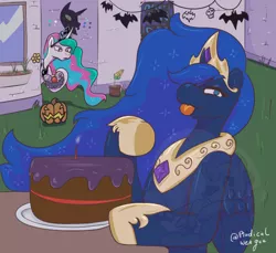 Size: 536x491 | Tagged: safe, artist:radicalweegee, derpibooru import, princess celestia, princess luna, alicorn, pony, twilight sparkle's secret shipfic folder, accessory swap, cake, food, nightmare night, tongue out