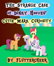 Size: 2425x2953 | Tagged: safe, artist:dinkyuniverse, derpibooru import, apple bloom, dinky hooves, scootaloo, sweetie belle, earth pony, pegasus, pony, unicorn, fanfic, fanfic:the strange case of dinky hooves' cutie mark curiosity, crusaders of the lost mark, author:fluttercheer, blank flank, bow, clueless, curious, cutie mark, determined, fanfic art, fanfic cover, female, filly, foal, grass, hair bow, house, investigation, list, magnifying glass, pencil, raised hoof, text, the cmc's cutie marks, tree, worried