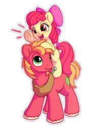 Size: 1100x1400 | Tagged: safe, artist:bobdude0, derpibooru import, apple bloom, big macintosh, earth pony, pony, adorabloom, apple bloom's bow, bow, brother and sister, cute, duo, female, filly, hair bow, macabetes, male, open mouth, ponies riding ponies, riding, siblings, simple background, smiling, stallion, yoke