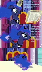 Size: 1280x2161 | Tagged: safe, derpibooru import, edit, edited screencap, screencap, princess luna, alicorn, pony, a royal problem, canterlot castle, gossip, horrified, lies and libel!, lies and slander!, misspelling, newspaper, solo