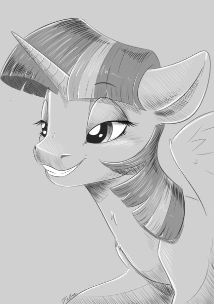 Size: 2894x4093 | Tagged: safe, artist:faline-art, derpibooru import, twilight sparkle, twilight sparkle (alicorn), alicorn, pony, female, grin, mare, monochrome, smiling, smug, solo