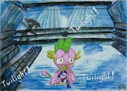 Size: 3000x2130 | Tagged: alien, alien (franchise), artist:easterforest92, crossover, derpibooru import, dragon, frightened, safe, solo, spike, traditional art