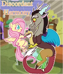 Size: 660x768 | Tagged: safe, artist:esmeia, derpibooru import, discord, fluttershy, pegasus, pony, discordant harmony, cup, discord's house, discoshy, female, food, heart, looking at each other, male, mare, shipping, straight, tea, teacup, title card