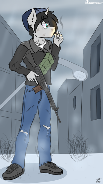 Size: 422x750 | Tagged: anthro, artist:fleet-wing, cigarette, clothes, derpibooru import, gun, h&k g3, oc, oc:jack rabbit, safe, sketch, smoking, solo, unofficial characters only, weapon