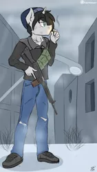 Size: 422x750 | Tagged: anthro, artist:fleet-wing, cigarette, clothes, derpibooru import, gun, h&k g3, oc, oc:jack rabbit, safe, sketch, smoking, solo, unofficial characters only, weapon