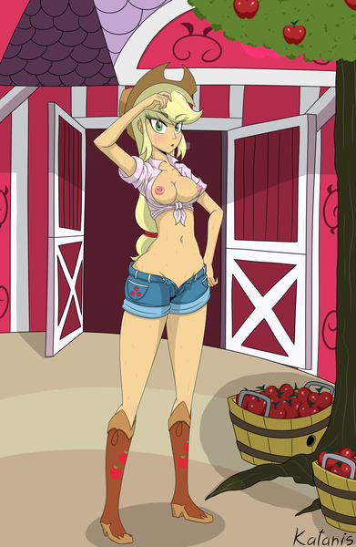 Size: 1042x1600 | Tagged: questionable, artist:katanis, derpibooru import, applejack, human, equestria girls, apple, apple tree, applejack's hat, areola, barn, basket, belly button, blushing, boots, bottomless, braless, breasts, bushel basket, busty applejack, clothes, cowboy boots, cowboy hat, cutie mark, cutie mark on clothes, daisy dukes, denim, denim shorts, erect nipples, eyelashes, female, food, freckles, front knot midriff, hair tie, hat, humanized, image, looking at you, midriff, nipples, no panties, no underwear, nudity, open clothes, open fly, open shirt, outdoors, partial nudity, png, ponytail, puffy areolas, reasonably sized breasts, rolled up sleeves, sexy, shoes, shorts, solo, solo female, standing, stetson, sweat, sweet apple acres, tree, unbuttoned, wide hips