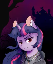 Size: 833x1008 | Tagged: safe, artist:0ndshok, derpibooru import, twilight sparkle, twilight sparkle (alicorn), alicorn, pony, broken horn, evil, frown, horn, looking at you, red eyes, solo