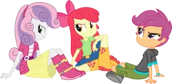 Size: 6163x3001 | Tagged: safe, artist:cloudyglow, derpibooru import, apple bloom, scootaloo, sweetie belle, equestria girls, rainbow rocks, .ai available, apple bloom's bow, belt, boots, bow, clothes, cutie mark crusaders, denim, hair bow, hoodie, looking back, pants, shirt, shoes, shorts, simple background, sitting, skirt, sweater, transparent background, trio, vector