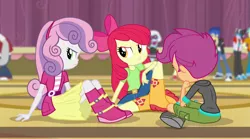 Size: 1280x714 | Tagged: safe, derpibooru import, screencap, apple bloom, flash sentry, photo finish, scootaloo, sweetie belle, equestria girls, rainbow rocks, apple bloom's bow, belt, boots, bow, clothes, cutie mark crusaders, hair bow, pants, pouting, shoes, sitting
