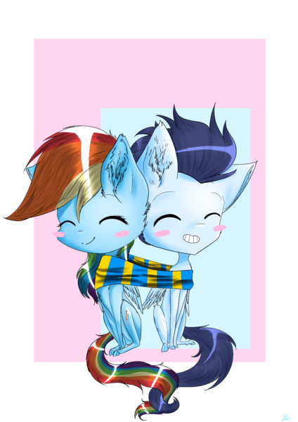 Size: 2480x3508 | Tagged: safe, artist:leeileria, derpibooru import, rainbow dash, soarin', pony, blushing, chibi, clothes, cute, daaaaaaaaaaaw, dashabetes, female, male, scarf, shared clothing, shared scarf, shipping, simple background, soarindash, straight, transparent background