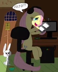 Size: 2082x2592 | Tagged: safe, artist:sb1991, derpibooru import, angel bunny, fluttershy, pony, birdcage, chair, computer, computer mouse, crying, dialogue, fluttershy plays, fluttershy's cottage, fluttershy's cottage (interior), food bowl, headset, night, nintendo ds, nintendogs, sitting, story included, tears of joy, text, vanna melon, vannamelon, webcam