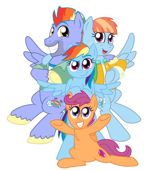 Size: 1850x2066 | Tagged: safe, artist:crazynutbob, derpibooru import, bow hothoof, rainbow dash, scootaloo, windy whistles, pony, chest fluff, family, female, honorary sister, rainbow dash's parents, simple background, transparent background