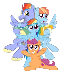 Size: 1850x2066 | Tagged: safe, artist:crazynutbob, derpibooru import, bow hothoof, rainbow dash, scootaloo, windy whistles, pony, chest fluff, family, female, honorary sister, rainbow dash's parents, simple background, transparent background