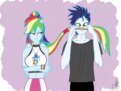 Size: 1024x768 | Tagged: safe, artist:ilaria122, derpibooru import, rainbow dash, soarin', equestria girls, annoyed, crossed arms, facial hair, female, geode, geode of super speed, goofy, magical geodes, male, midriff, moustache, ponied up, ponytail, shipping, silly, simple background, soarindash, straight, wristband