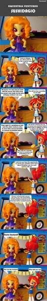 Size: 770x4908 | Tagged: safe, artist:whatthehell!?, derpibooru import, adagio dazzle, sunset shimmer, fish, comic:equestria ventures, equestria girls, comic, doll, equestria girls minis, food, funny, parody, sunset sushi, sushi, toy, truck, upset, vulgar