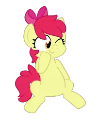 Size: 2000x2500 | Tagged: safe, artist:saveraedae, derpibooru import, apple bloom, earth pony, pony, apple bloom's bow, bow, cute, female, filly, hair bow, one eye closed, sideways glance, simple background, sitting, smiling, solo, touching face, transparent background, wink