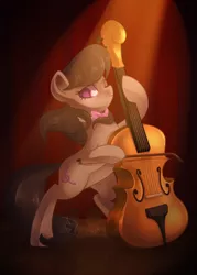 Size: 1500x2100 | Tagged: safe, artist:drawntildawn, derpibooru import, octavia melody, earth pony, pony, bow (instrument), bowtie, cello, cello bow, female, mare, musical instrument, one eye closed, smiling, solo, wink