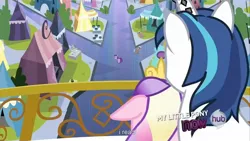 Size: 1920x1080 | Tagged: safe, derpibooru import, edit, edited screencap, screencap, amber waves, elbow grease, night knight, paradise (crystal pony), princess cadance, shining armor, twilight sparkle, unnamed character, unnamed pony, crystal pony, pony, the crystal empire, background pony, caption, female, hub logo, male, mare, meme, stallion, youtube caption