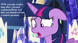 Size: 1280x720 | Tagged: alicorn, celestial advice, derpibooru import, edit, edited screencap, female, floppy ears, map room, mare, safe, screencap, solo, text, tfw, twilight's castle, twilight sparkle, twilight sparkle (alicorn)