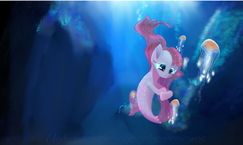 Size: 2000x1200 | Tagged: artist:chopsticks, bioluminescent, bubble, crying, cute, cutie mark, derpibooru import, female, glow, jellyfish, lonely, mare, my little pony: the movie, ocean, pinkamena diane pie, pinkie pie, sad, sadorable, safe, seaponified, seapony (g4), seapony pinkamena, seapony pinkie pie, solo, species swap, text, underwater