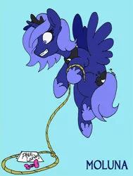 Size: 842x1112 | Tagged: safe, artist:ask-molestia, derpibooru import, princess luna, pony, candy, food, grin, lunaughty, moluna, s1 luna, smiling, solo, trap (device)