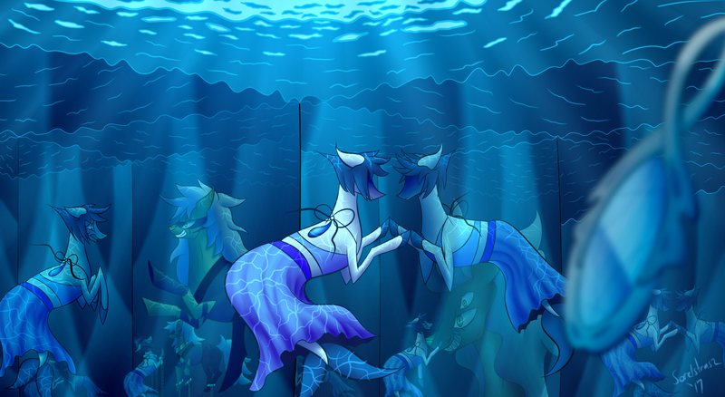 Size: 1920x1050 | Tagged: safe, artist:astralmelodia, deleted from derpibooru, derpibooru import, ponified, merpony, pony, crossover, jasper (steven universe), lapis lazuli (steven universe), malachite (steven universe), mirror, signature, steven universe, water