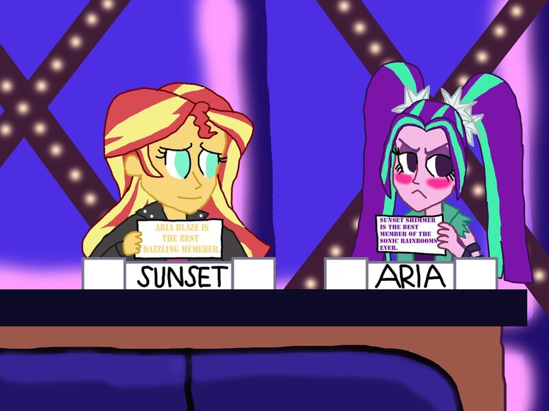 Size: 1032x774 | Tagged: safe, artist:ktd1993, derpibooru import, aria blaze, match game, sunset shimmer, equestria girls, blushing, female, lesbian, match game (game show), shipping, sunblaze