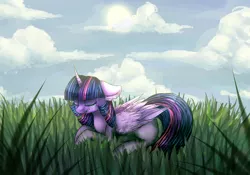 Size: 2222x1555 | Tagged: safe, artist:kilamuri, derpibooru import, twilight sparkle, twilight sparkle (alicorn), alicorn, pony, cloud, crying, eyes closed, female, grass, lying down, mare, sad, solo