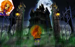 Size: 1313x821 | Tagged: safe, artist:whatthehell!?, derpibooru import, edit, adagio dazzle, gargoyle, bats!, equestria girls, castlevania, cemetery, doll, equestria girls minis, gate, irl, lantern, mansion, monster, moon, night, photo, toy