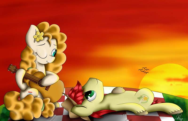 Size: 2808x1808 | Tagged: safe, artist:supermoix, derpibooru import, bright mac, pear butter, bird, pony, the perfect pear, acoustic guitar, applejack's parents, brightbutter, cowboy hat, female, grass, guitar, hat, husband and wife, male, musical instrument, one eye closed, shipping, sitting, stetson, straight, sunset