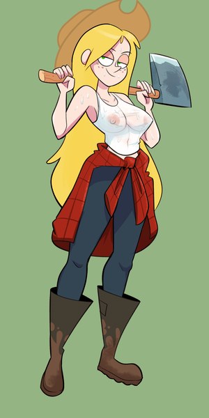 Size: 983x1963 | Tagged: applejack, applejack's hat, artist:herny, breasts, busty applejack, clothes, cowboy hat, derpibooru import, edit, female, gravity falls, hat, human, humanized, nipples, nudity, questionable, see-through, solo, solo female, style emulation, sweat, wendy corduroy, wet