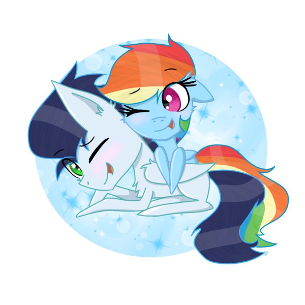 Size: 1400x1400 | Tagged: safe, artist:rai2n, derpibooru import, rainbow dash, soarin', pony, chibi, female, male, shipping, soarindash, straight