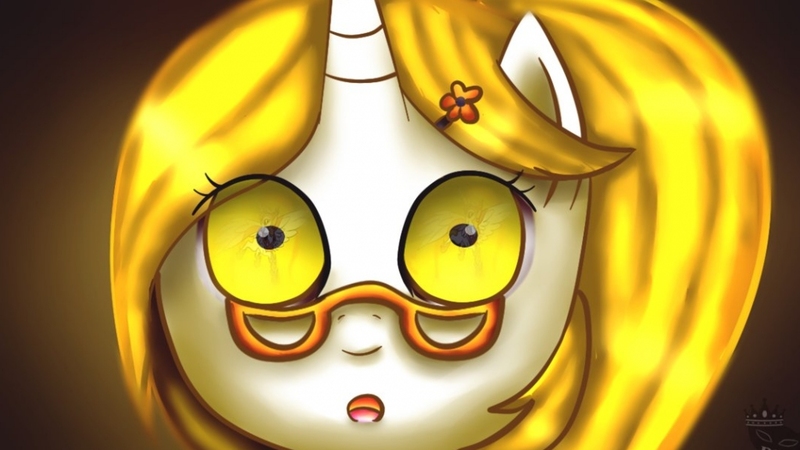 Size: 1024x576 | Tagged: safe, artist:blinkingpink, derpibooru import, oc, oc:helia, unofficial characters only, alicorn, pony, unicorn, fanfic, fanfic:past sins, fanfic:primordial crimes (project helia), bust, eye reflection, fanfic art, glasses, hairclip, open mouth, portrait, primordial crimes (project helia), reflection, solo