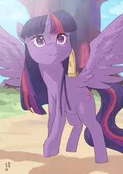 Size: 1000x1414 | Tagged: safe, artist:yanamosuda, derpibooru import, twilight sparkle, twilight sparkle (alicorn), alicorn, pony, cute, female, mare, outdoors, solo, spread wings, twiabetes, twilight's castle, wings